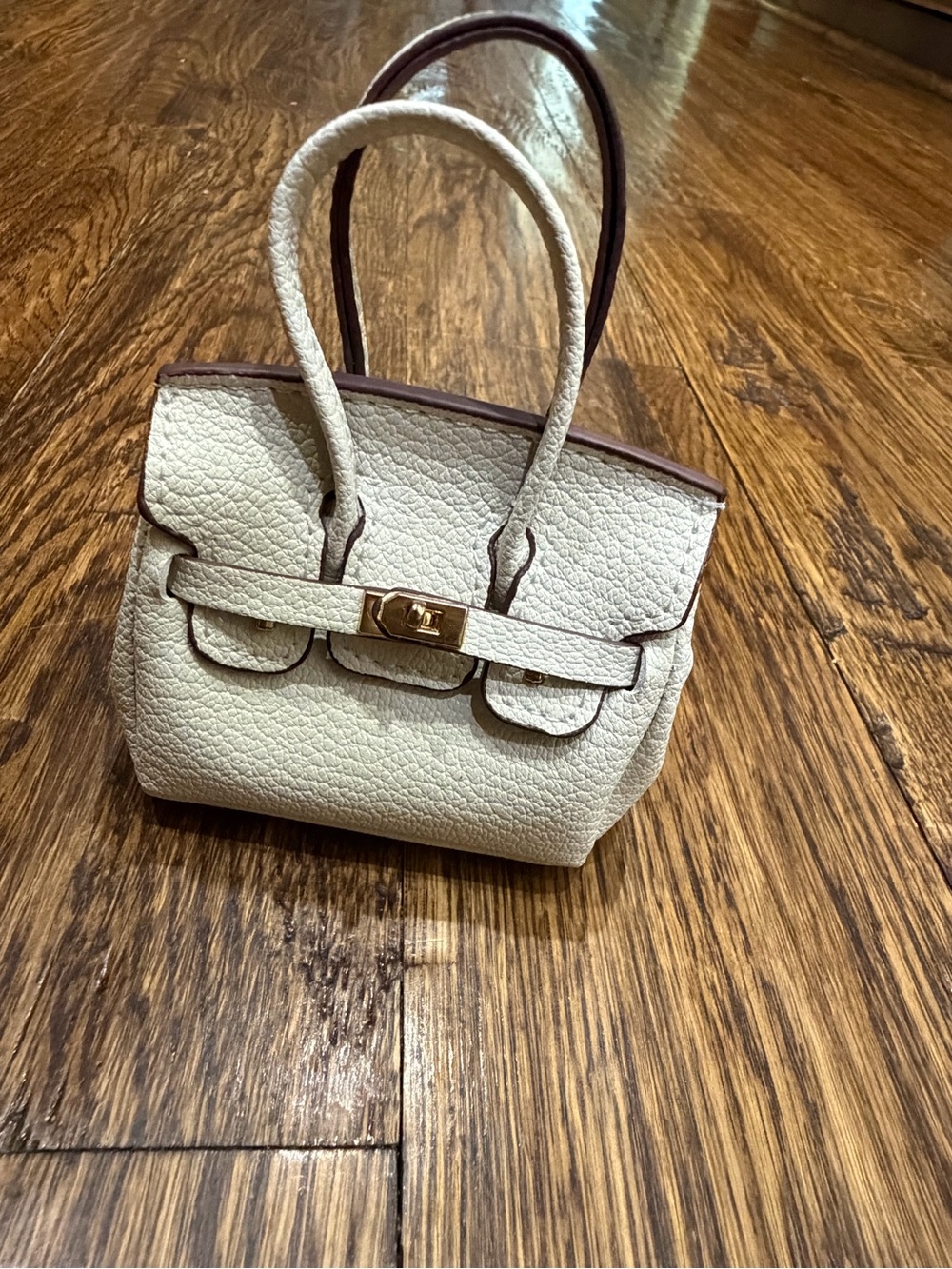 Cream Textured Mini Bag Charm Tote Handbag with Gold Hardware